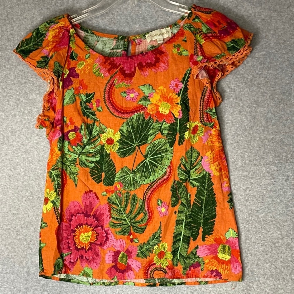 Cynthia Rowley Floral Top‎ Linen Rayon Flutter Sleeve Womens Small Orange